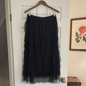 Anthropologie Black Ruffled Tulle Midi Skirt